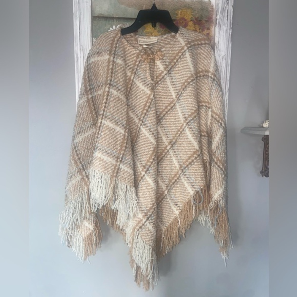 Ireland Boyne Valley Weavers WOOL ALPACA Fringe Plaid Poncho OS Great!!